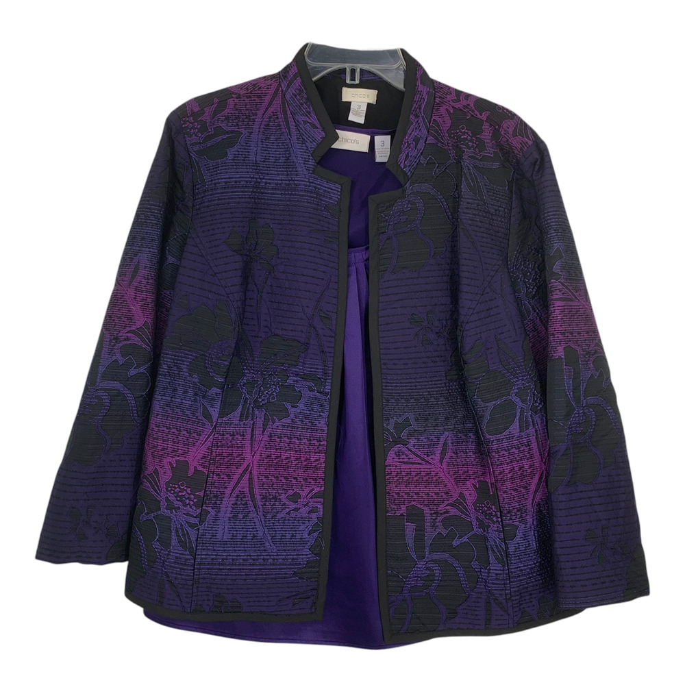 Chico's Sz 3 Purple Ombre Floral Jacket & Matching Sateen Tank 2 Pc Set XL - Picture 2 of 7